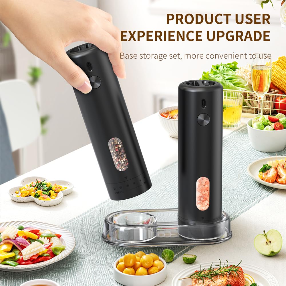 Rechargeable Salt and Pepper Shakers,Electric Salt and Pepper Grinder Set with LED Light for Kitchen, Adjustable 6-level with Base,2 Pack Set