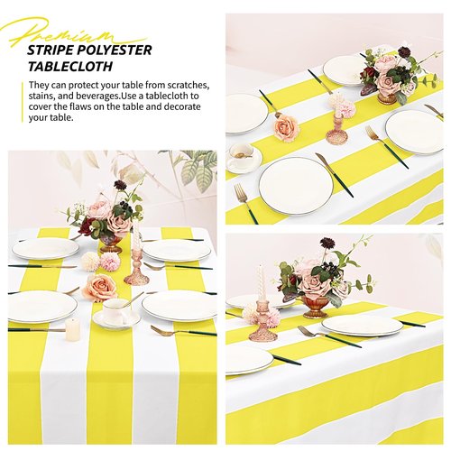 6 Pack Yellow and White Striped Tablecloth Rectangle 54x108inch Polyester Fabric Washable Table Cloth for Afternoon Tea Table Birthday Party Picnic Barbecue Gathering Indoor Outdoor Dining Decor