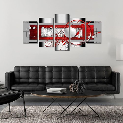 AWLXPHY Abstract Canvas Wall Art - Modern Red, Black & Grey Circle Design | 5-Piece Framed Set (60'' x 30'')