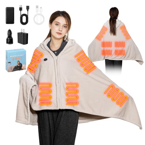 MIMYTH Cordless Heated Blanket with Hood, Rechargeable Wearable Heated Blanket Battery Powered with Lasting Battery, Portable Heated Throw Blanket with 9 Heating Zones & 3 Levels Adjustable, Camping