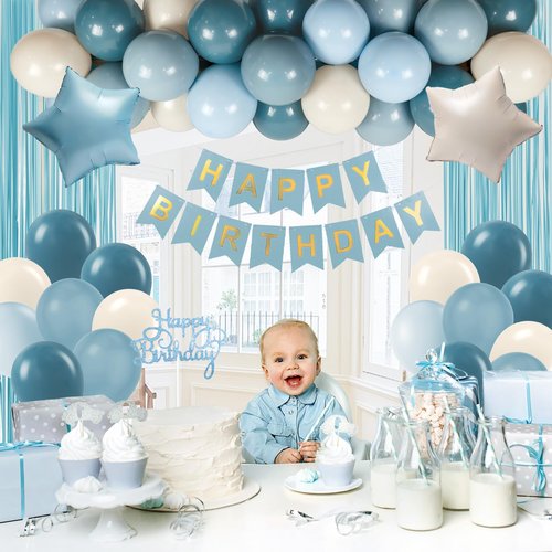 Blue Birthday Decorations for Men with Sand White Light Slate Dusty Blue Balloons Happy Birthday Banner Light Blue Fringe Curtains for Birthday Party Decorations