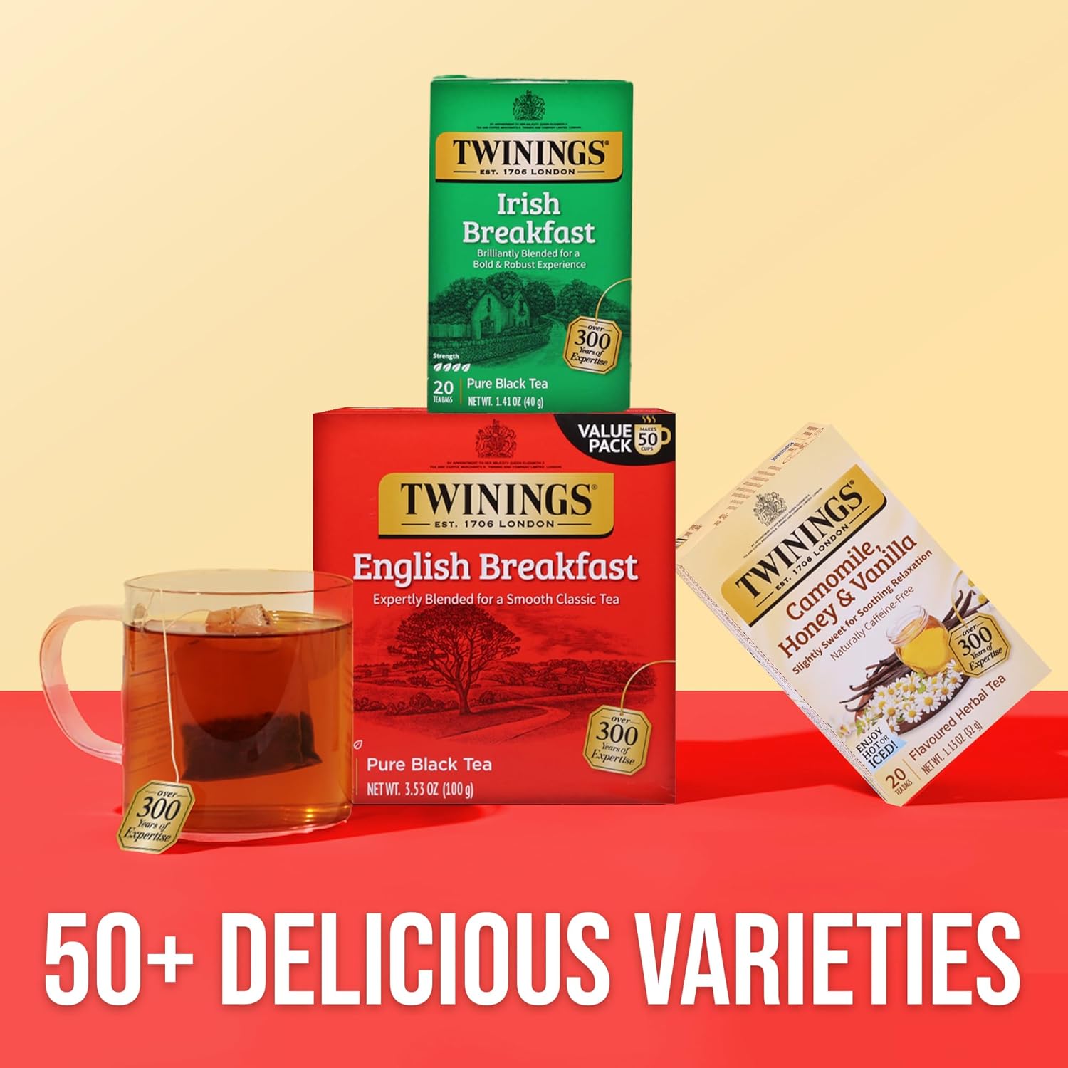 Twinings English Breakfast Black Tea - Flavourful & Robust, 50 Individually Wrapped Bags, 6 Pack