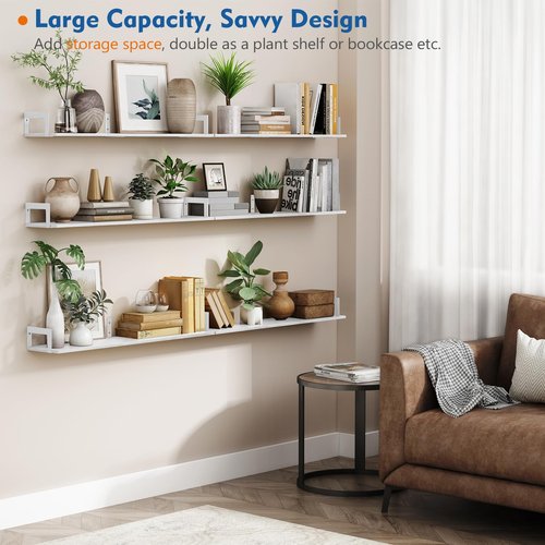 Harwaya White Floating Book Shelves for Wall, 36 Inch Wall Bookshelf for Kids Bedroom, Large Deep Hanging Shelves with Metal Brackets for Living Room Office Décor Indoor Plants (3-Pack)