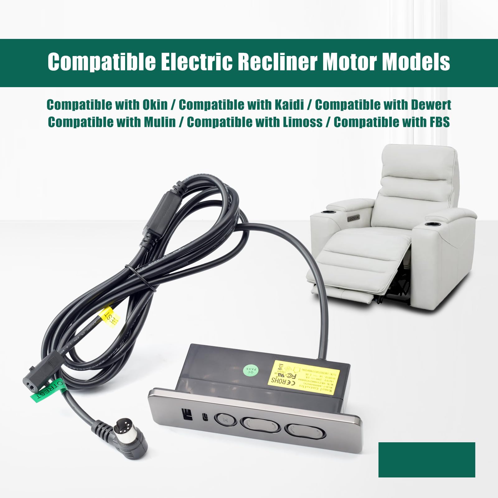 R22231010041 Controller with USB A C Ports Replacement for Dewert for Kaidi Lift Chair Motors Replace 23300047X000 DL-SK-091-D2-01, with 5 Function Key 5 Pin Male 2-Pin Female