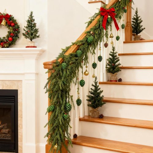 Aiinoo 2 Pcs 6 Ft Artificial Norfolk Pine Garlands Real Touch Winter Greenery Garland Faux Green Garland for Table Centerpieces Mantle Wall Indoor Outdoor Christmas Decorations