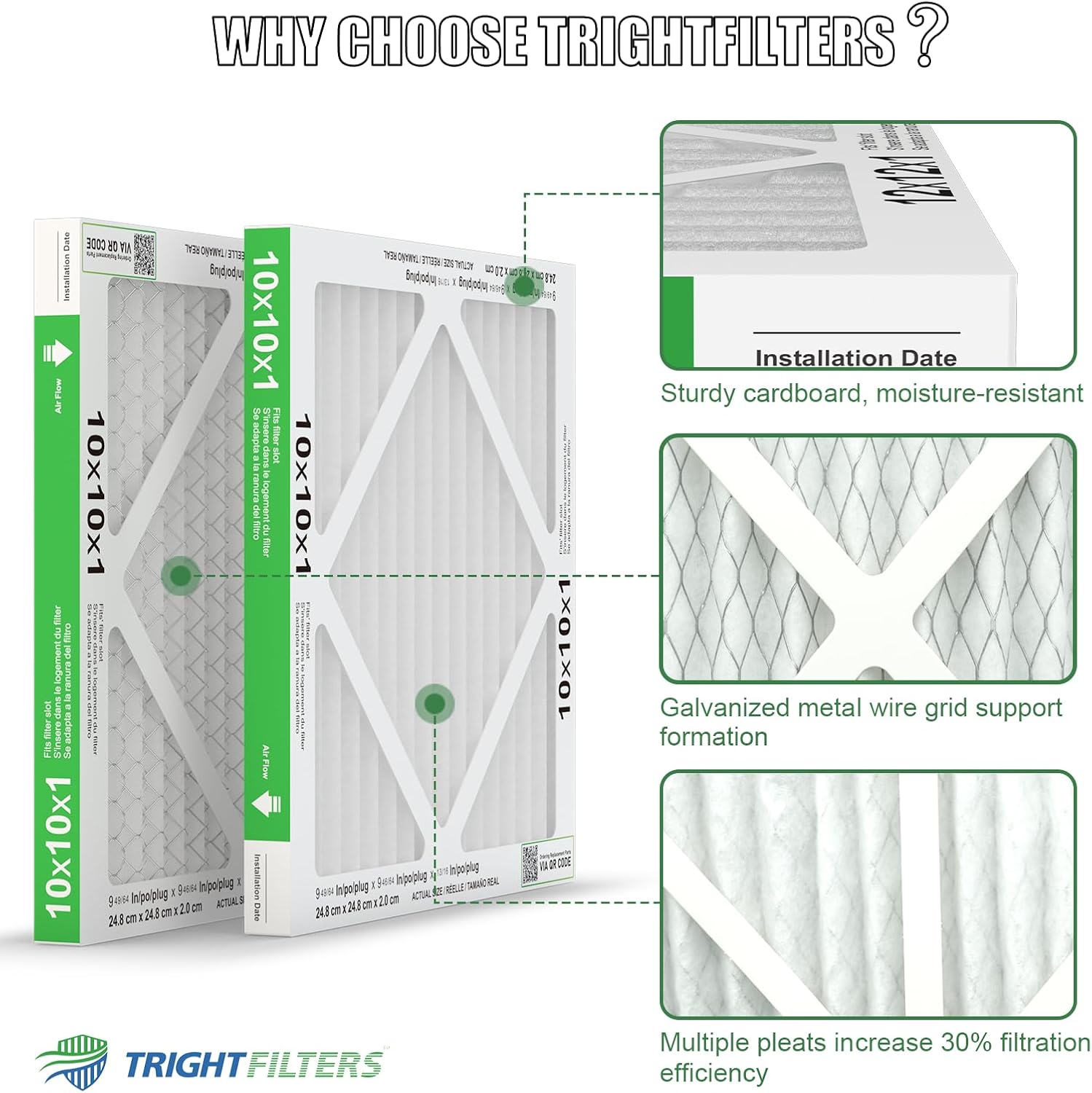 TRIGHTFILTERS Air Filter 10x10x1 - 6 Pack MERV 8 Pleated HVAC & AC Replacement Filters
