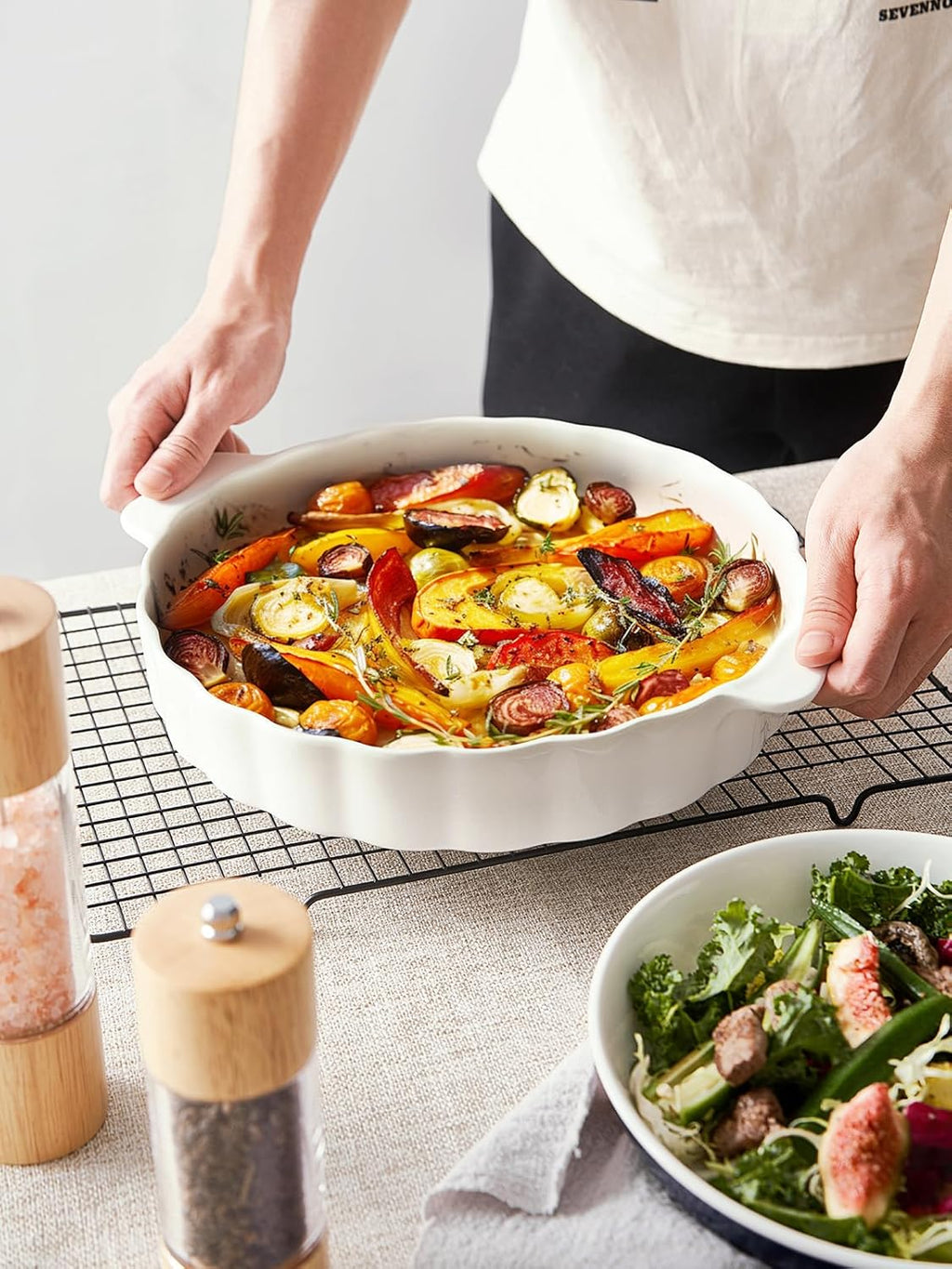 Samsle Ceramic Pie Pan - 13-Inch Round Baking Dish with Double Handles | Ruffled Edge, Oven Safe