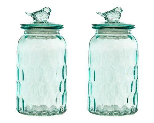 10 Strawberry Street Textured Glass Bird Canister, Dimpled Round, Blue, Set of 2
