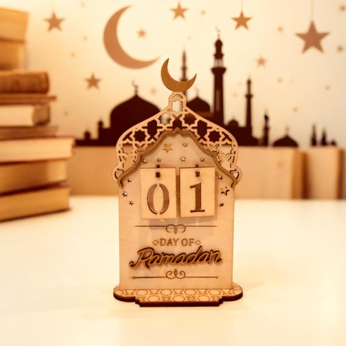 FESTGLOX Ramadan Countdown Calendar Wooden, Eid Decoration for Home, Ramadan Day Counter for Mubarak Desk Decor, Office Tabletop Centerpiece, Islamic Tabletop Mosque Design Display with Crescent Moon