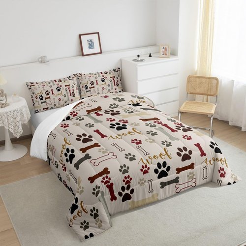Homewish Dog Paw Print Comforter Set Twin Size,Bone Pattern Bedding Set 2pcs for Kids Teens Girls Boys Room Decor,Pet Animal Quilt Set Cartoon Duvet Insert with 1 Pillowcase