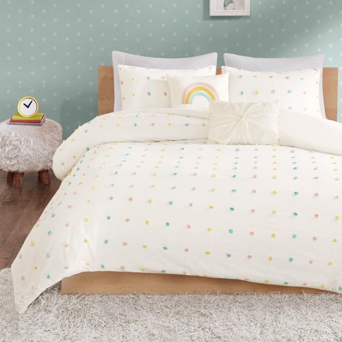 Intelligent Design Callie Girls Full/Queen Comforter Set, Ivory 5-Piece Kids Bedding, 100% Cotton Tufted Pom Pom Tufted Jacquard, All Season Down Alternative, Cozy Shabby Chic Bedroom Décor