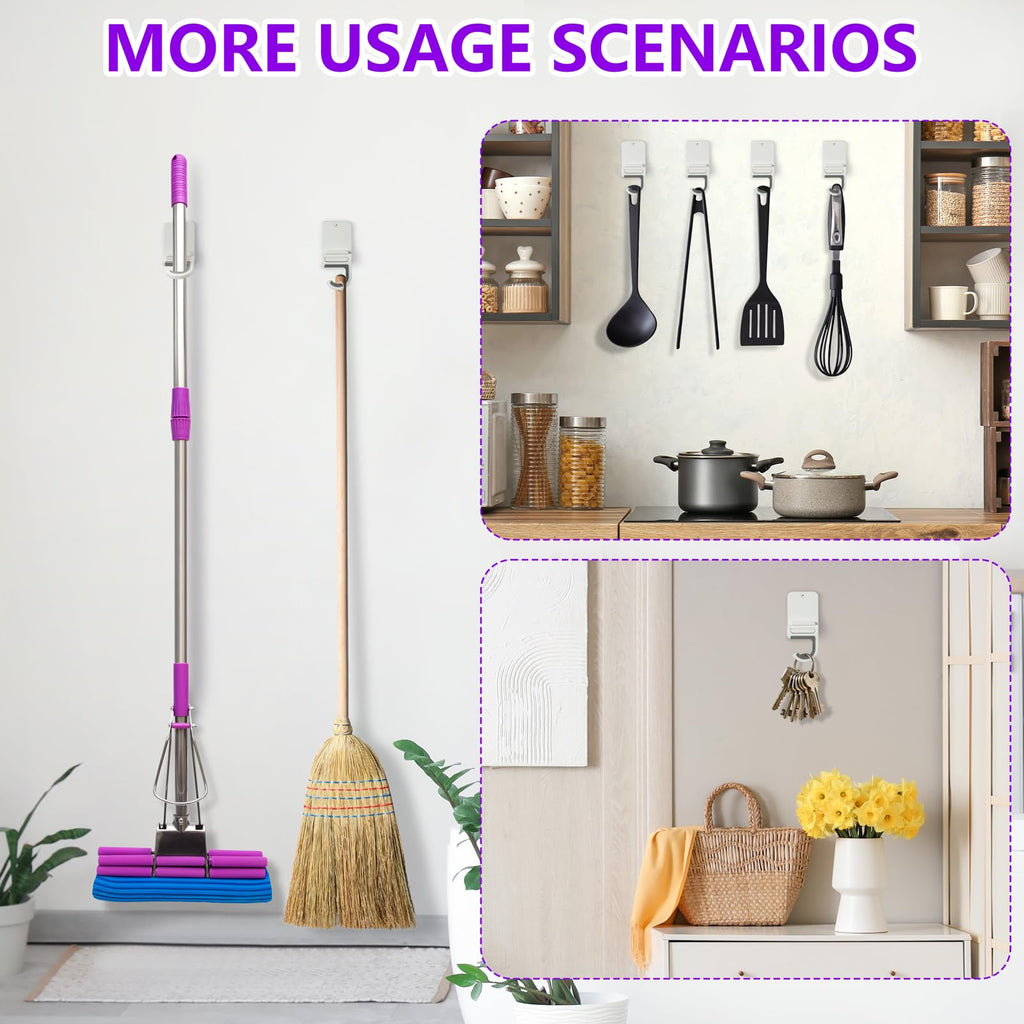 YUWANTING Broom and Mop Holder Wall Mount, Heavy Duty Screw Drilling Gripper Rack Supports up to 10 lb for Kitchen, Laundry Room, Garage, and Garden Storag (4, White)