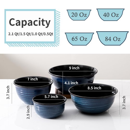 HASENSE Mixing Bowls for Cooking, Baking, Ceramic Serving Dishes Set of 4 for Salad, Fruits, Popcorn, Versatile Nesting Bowls for Housewarming Gift, 2.1/1.5/1.0/0.5 Qt, Dishwasher & Microwave Safe