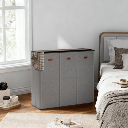 Fuonsyn 185L Laundry Hamper 3 Section with Lid, Grey Hamper 3 Compartment with 3 Removable Laundry Bags, Large Laundry Basket for Bedroom, Laundry Room, Dorm