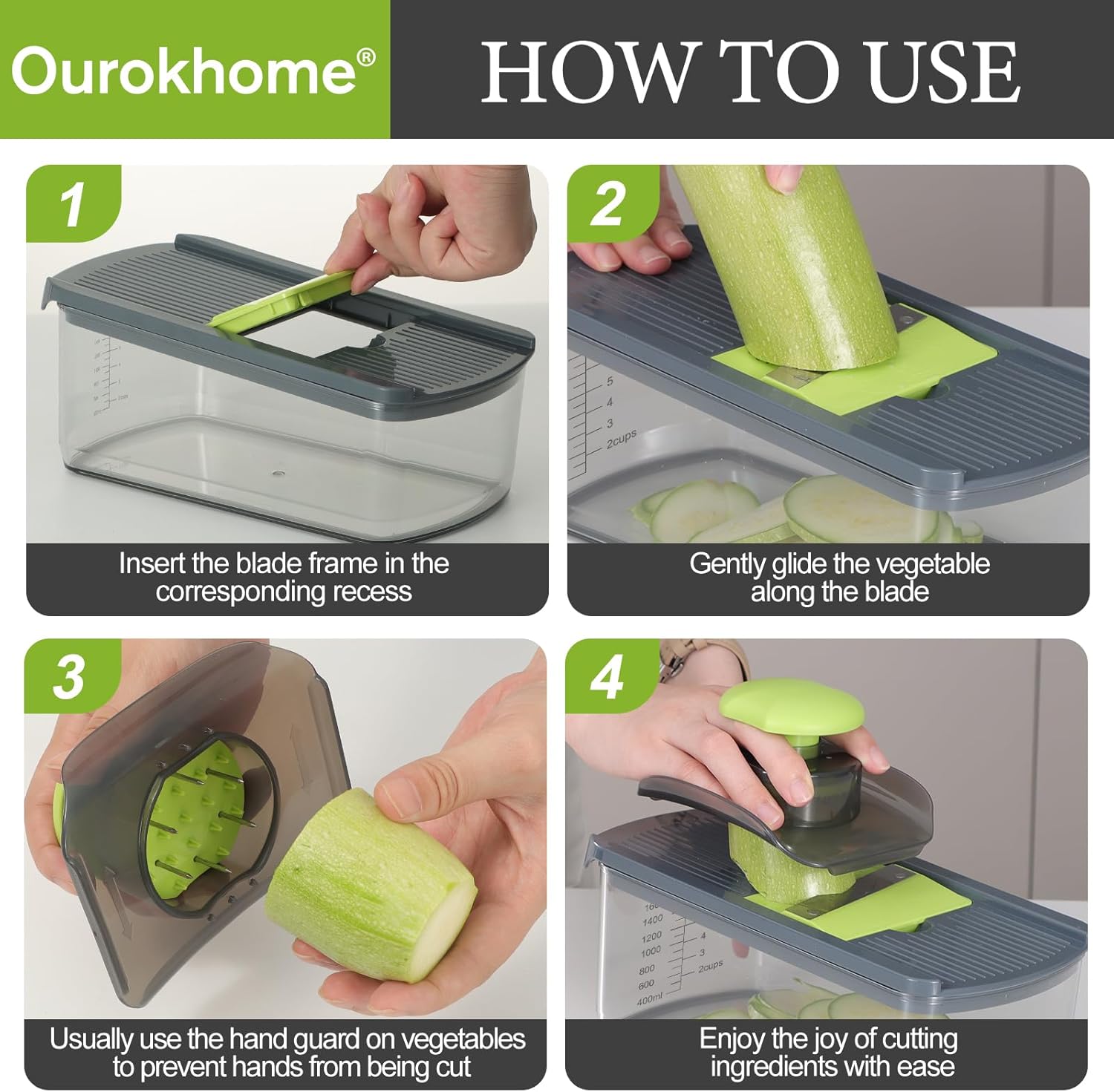 Ourokhome Mandolin Slicer - 6-in-1 Vegetable Shredder with Safety Features | Gray Color, Ideal for Potatoes, Carrots, Zucchini, and Onions