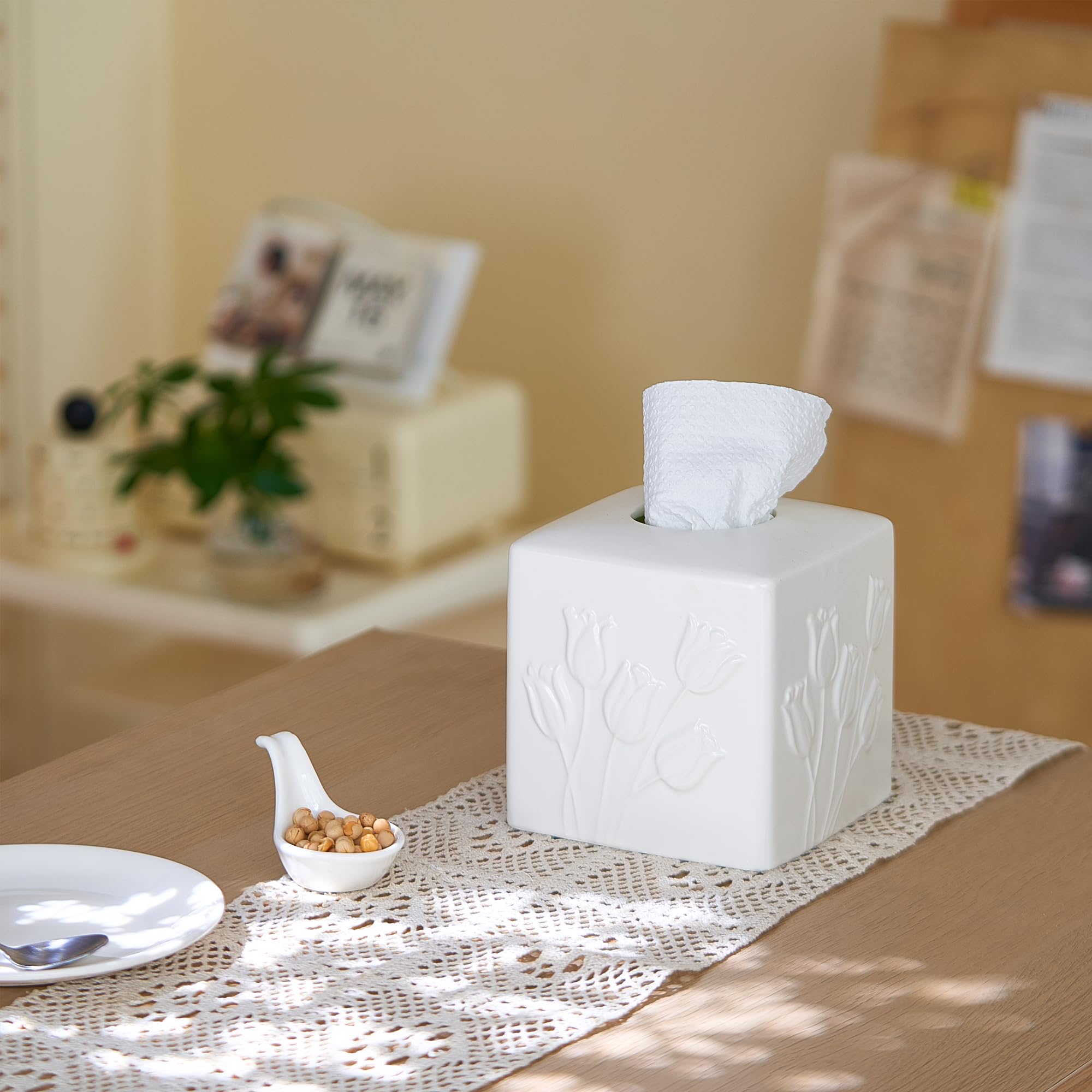 White Ceramic Tulips Tissue Box Cover - Modern Square Decorative Organizer for Facial Tissues, Farmhouse Style Home Decor for Bathroom, Bedroom, Living Room & Office