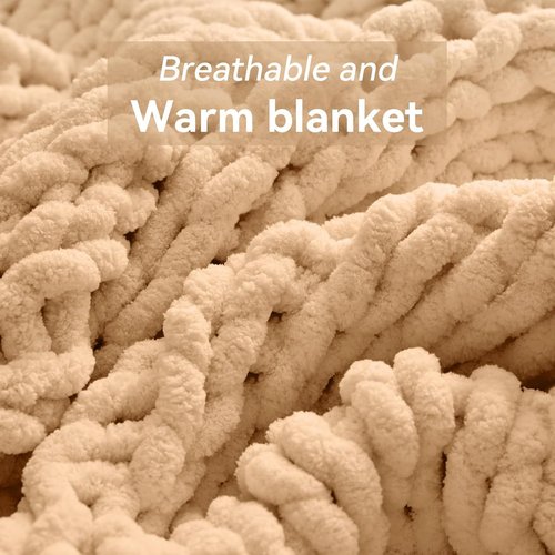 Negwoo Chunky Knit Throw Blanket - Handmade Beige Chenille Yarn | Cozy 30'' x 40'' Size for Home Decor