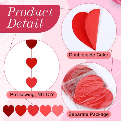 Epakh 15 Pcs Valentines Day Heart Garland Banners 180 Red Pink Hanging String Hearts Party Decorations No DIY Decor for Wedding Proposal Engagement Party Supplies(Gradient Red)