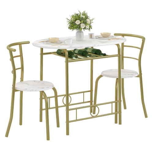 VECELO 3-Piece Dining Table Set for Kitchen Breakfast Nook, Wood Grain Oval Tabletop and Metal Frame with Built-in Wine Rack, for Small Spaces, White & Gold
