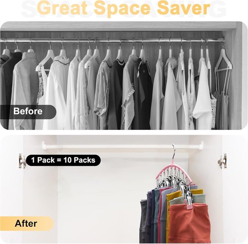 Metal Yoga Pants Hangers - Space-Saving Closet Organizer with 10 Clips | Rubber Coated, Pink