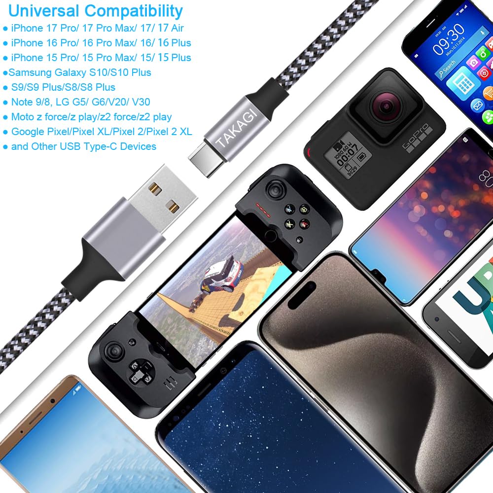 TAKAGI USB to USB C Cable - Fast Charging Nylon Braided Data Sync Cord (3-Pack, 6ft) for iPhone & Galaxy