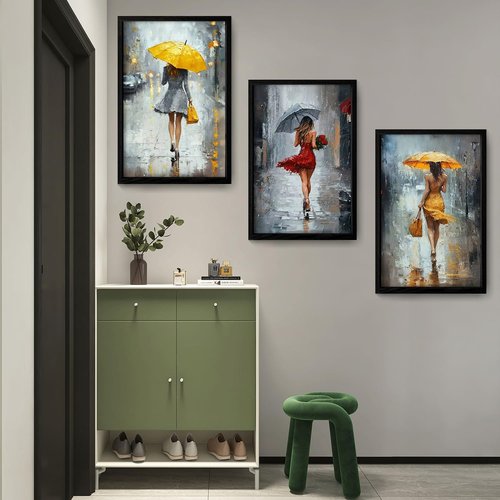 JIMUJIA Framed Canvas Art - 3-Piece Abstract Yellow & Red Umbrella City Scene | 16x24 Inch Wall Decor for Living Room, Bedroom, Office
