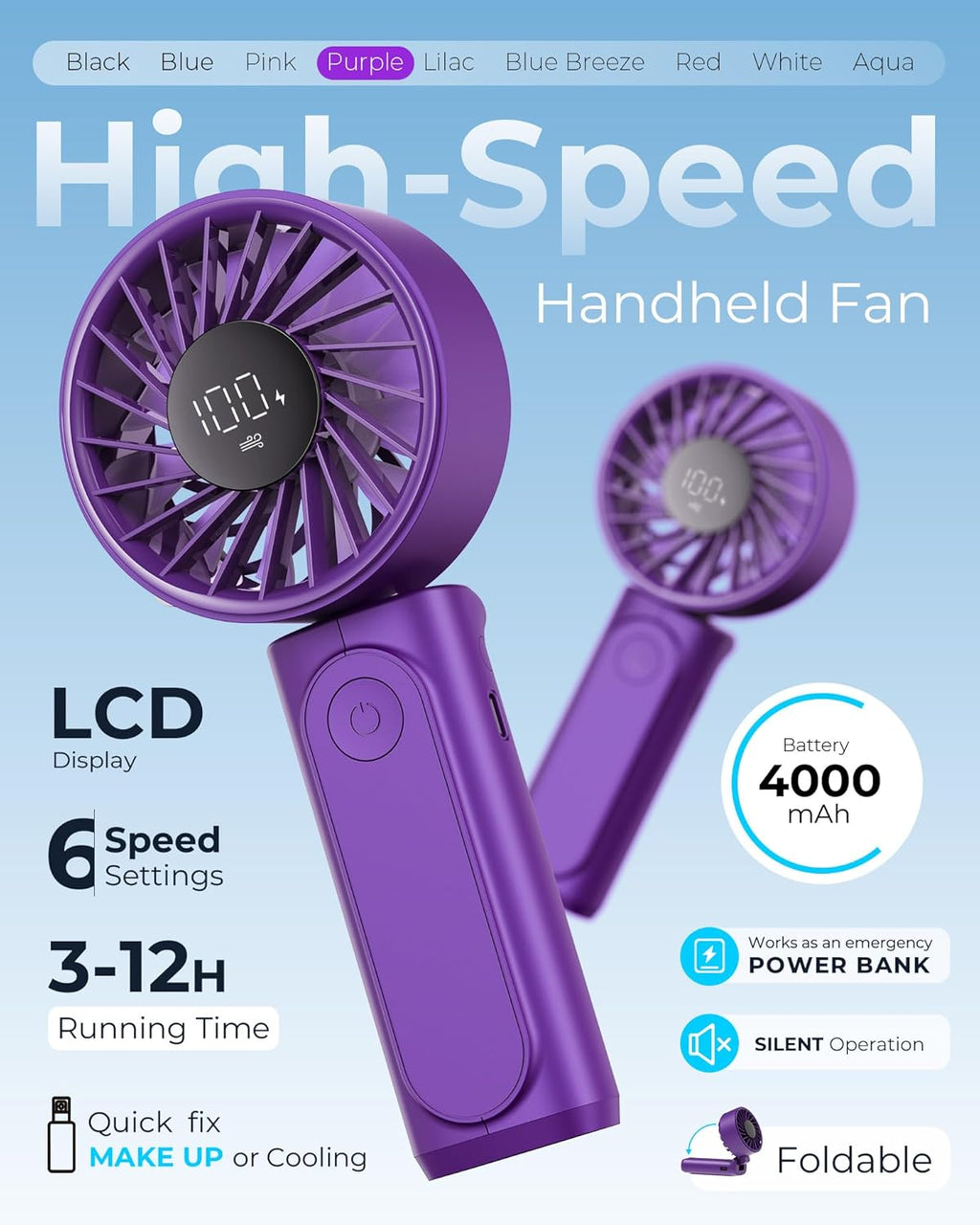 Peiyuu Portable Handheld Fan - 4000mAh USB Rechargeable Mini Desk Fan | 180° Foldable, 6 Speed, Ultra Quiet