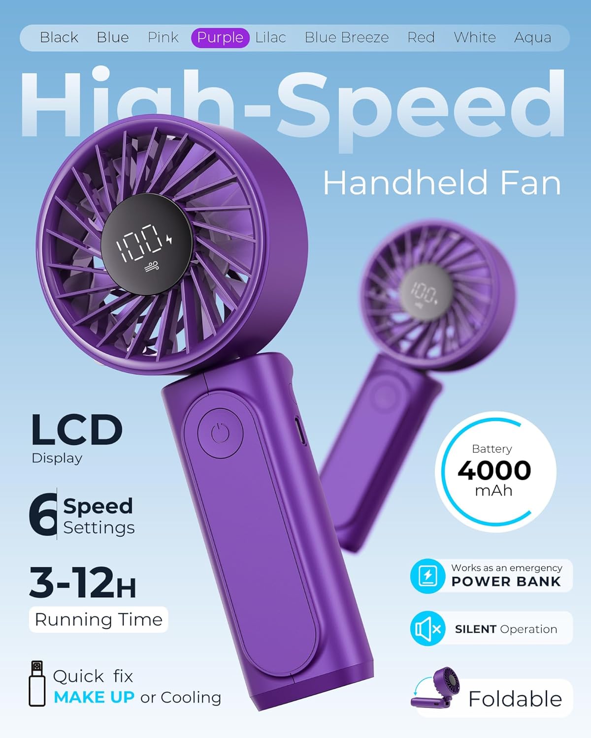 Peiyuu Portable Handheld Fan - 4000mAh USB Rechargeable Mini Desk Fan | 180° Foldable, 6 Speed, Ultra Quiet
