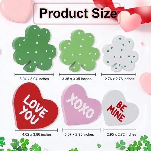 BIBIFLY Valentines St Patricks Day Decorations 6PCS Wooden Heart & Shamrock Block Tiered Tray Decor, Freestanding Wood Table Centerpieces Sign Decoration for Home Shelf, Office Desk, Mantle, Tabletop