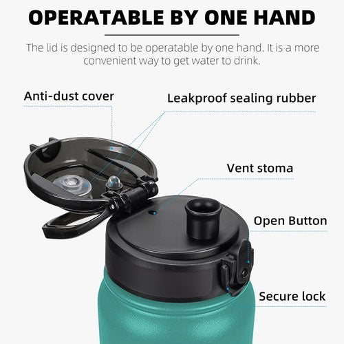Fanhaw 32 Oz Insulated Stainless Steel Water Bottle - Leakproof Vacuum Design | Anti-Dust Chug Lid (Green Blue)