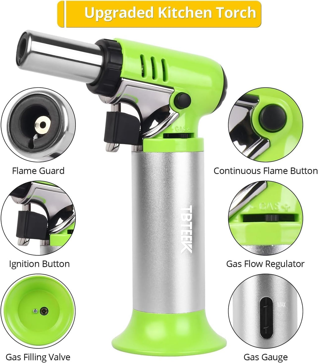 TBTeek Butane Torch - One-Hand Operation Kitchen Torch with Adjustable Flame for Grilling & Baking - Green