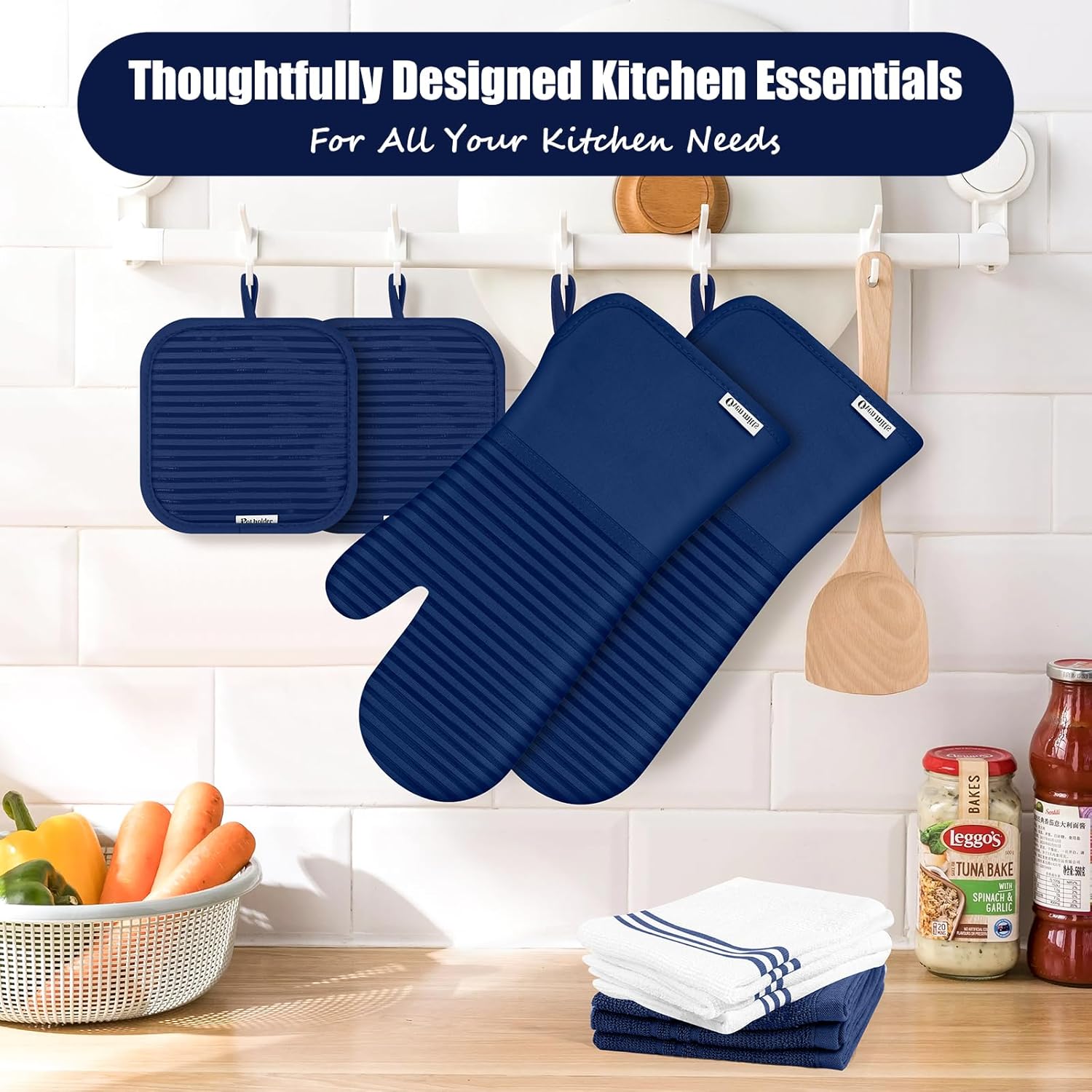 Skiennix Oven Mitts and Pot Holder Set - 500°F Heat Resistant Silicone Grip | 6 Pack Dish Towels - Marine Blue Kitchen Essentials