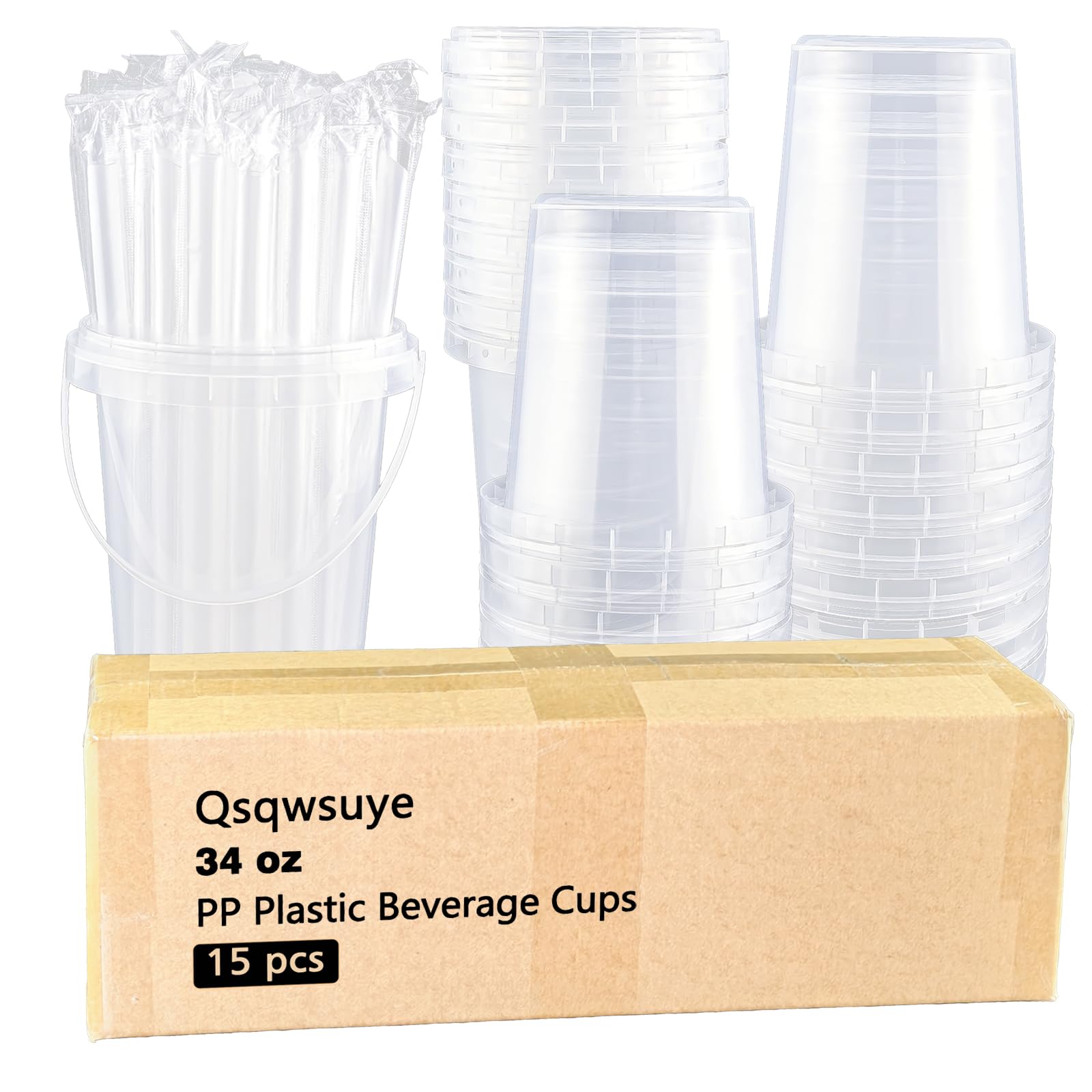 Qsqwsuye 15sets disposable plastic cup with lid and straw, 34 ounce reusable and suitable for outdoor travel beverage packaging pool party supplies beach party supplies picnic supplies