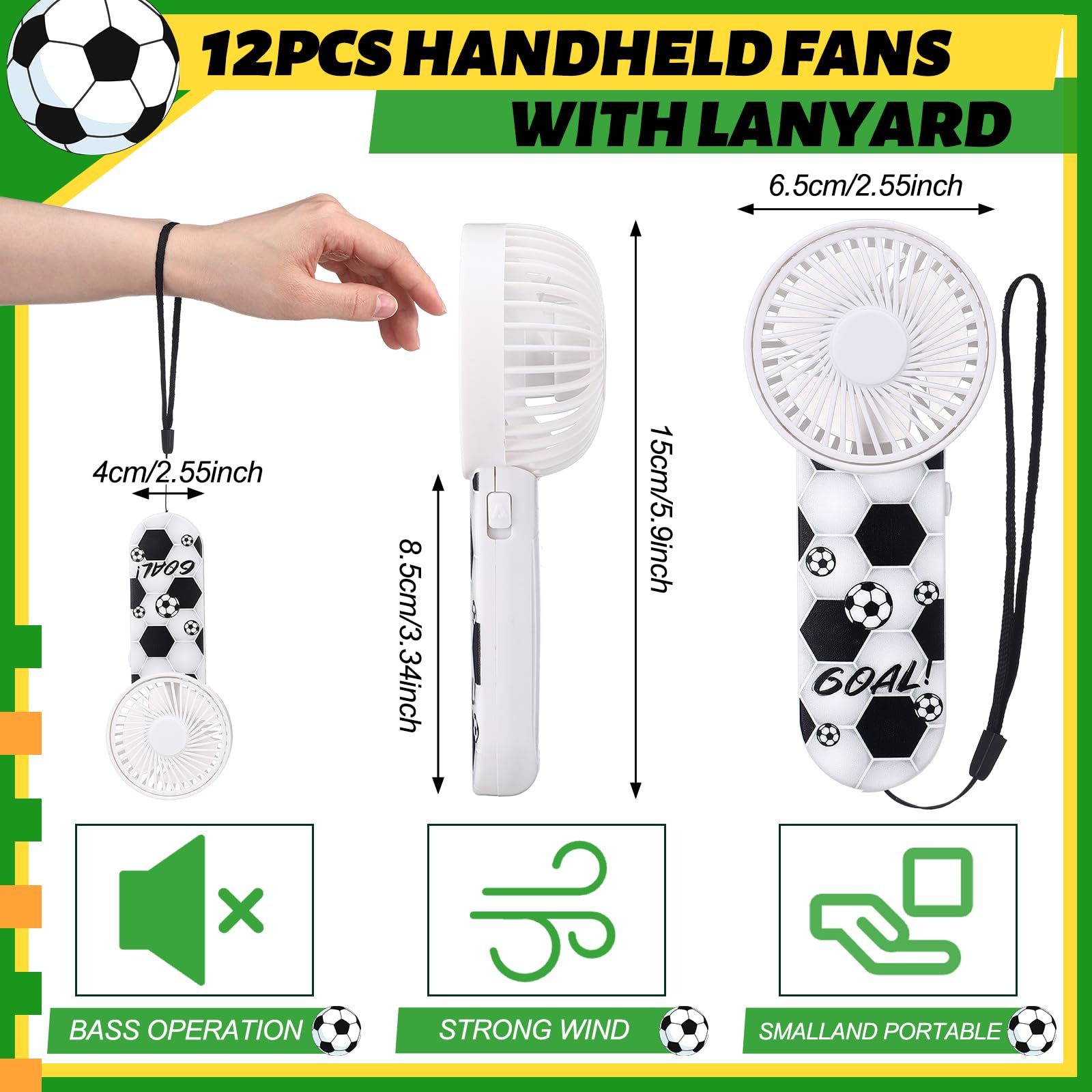 WILLBOND 12 Pcs Soccer Party Supplies Mini Handheld Fan Bulk Small Personal Portable Fans with Lanyard for Soccer Team Gift Goodie Bag Stuffers Outdoor Sport Party, Battery Not Include