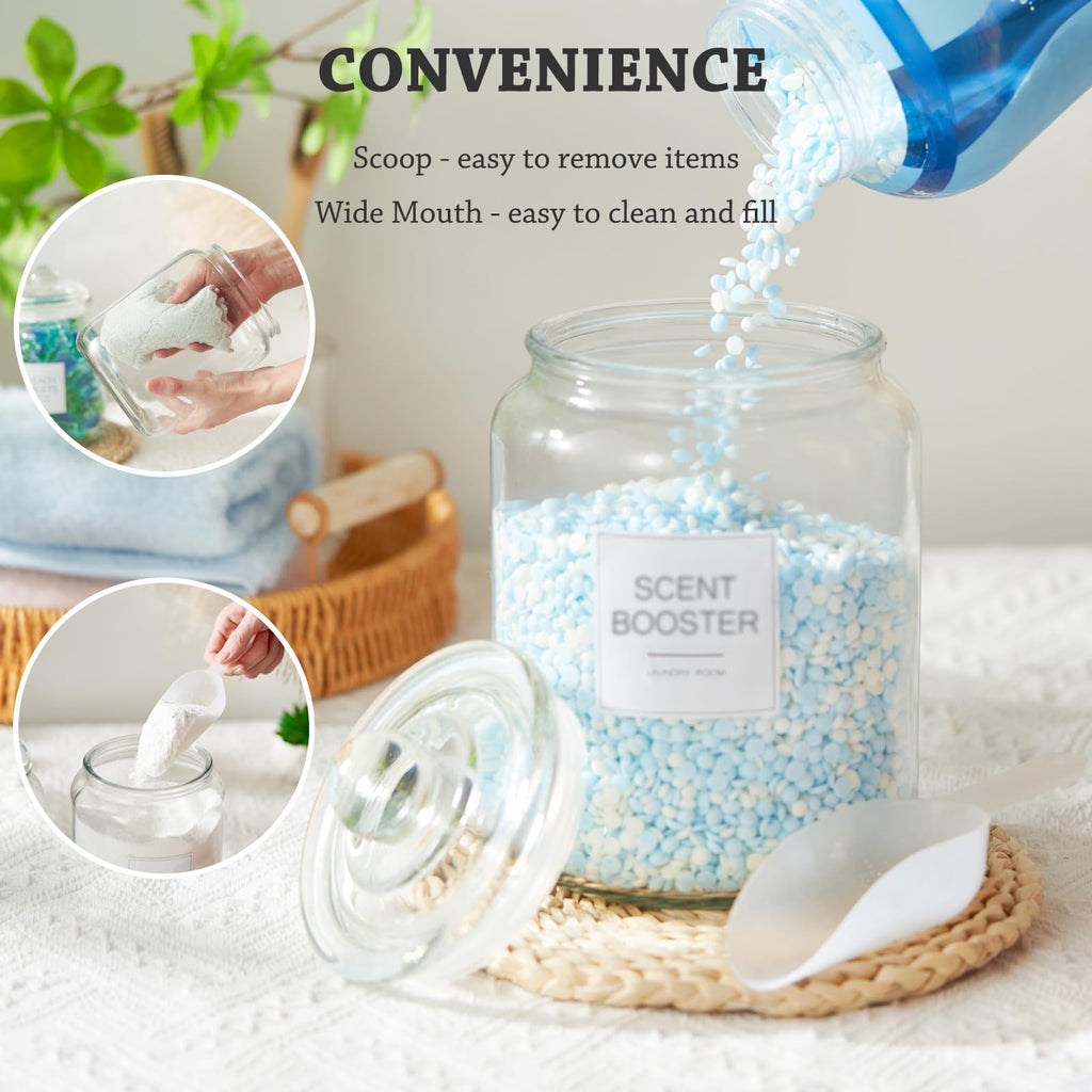 FyndraX Laundry Glass Jars with Dryer Sheets Holder, Containers with Scoop and Labels for Laundry Room Organization and Storage Detergents Pods or Powder, Scent Booster Beads, Set of 3