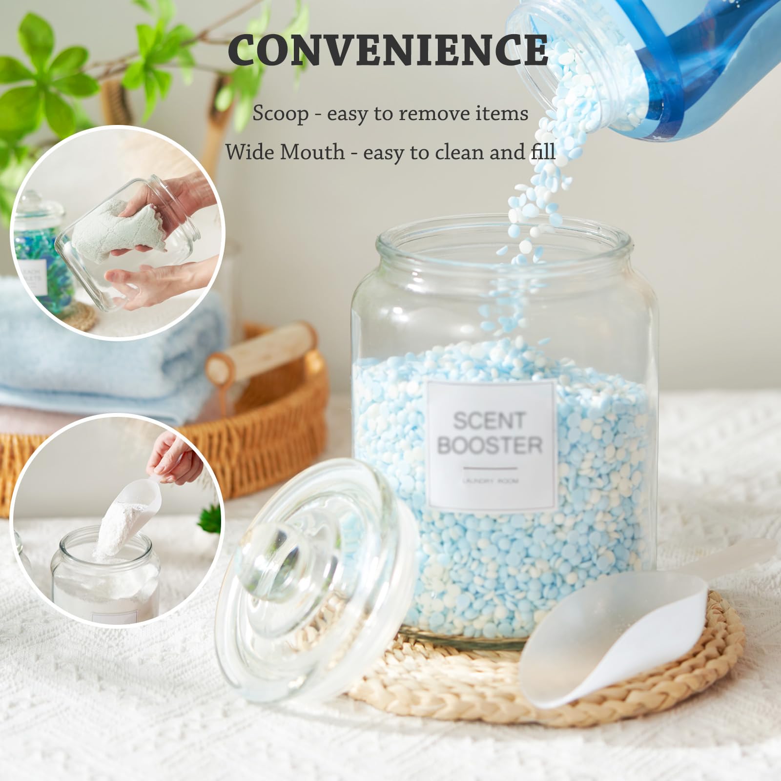 FyndraX Laundry Glass Jars with Dryer Sheets Holder, Containers with Scoop and Labels for Laundry Room Organization and Storage Detergents Pods or Powder, Scent Booster Beads, Set of 3