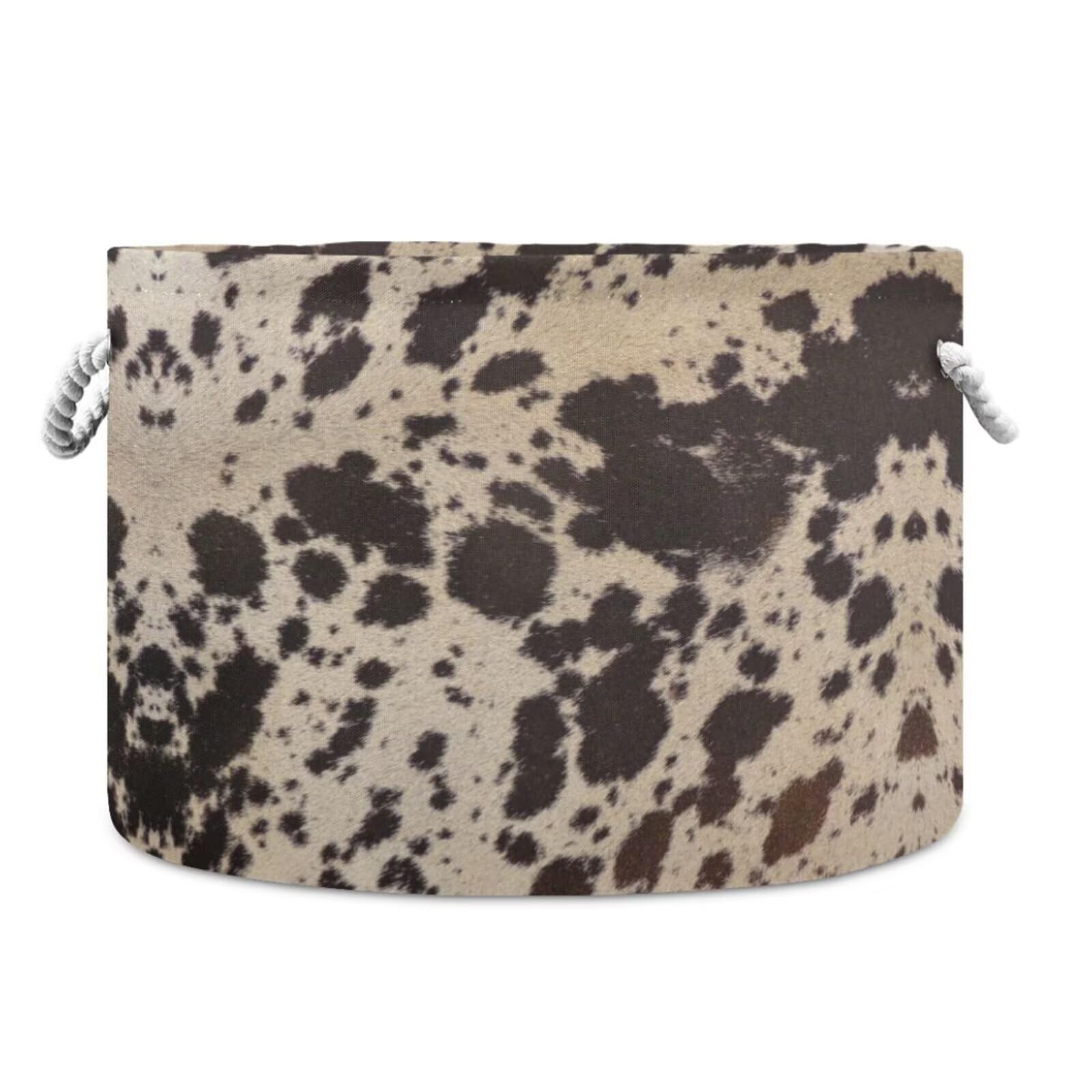 ZRCAIFUGIY Cow Brown Skin Print Round Storage Basket Cowhide Pattern Large Laundry Hamper 20 x 20 x 14 Inches Organizer Bin Blanket Storage Bag for Bedroom Bathroom Nursery Living Room Decoration
