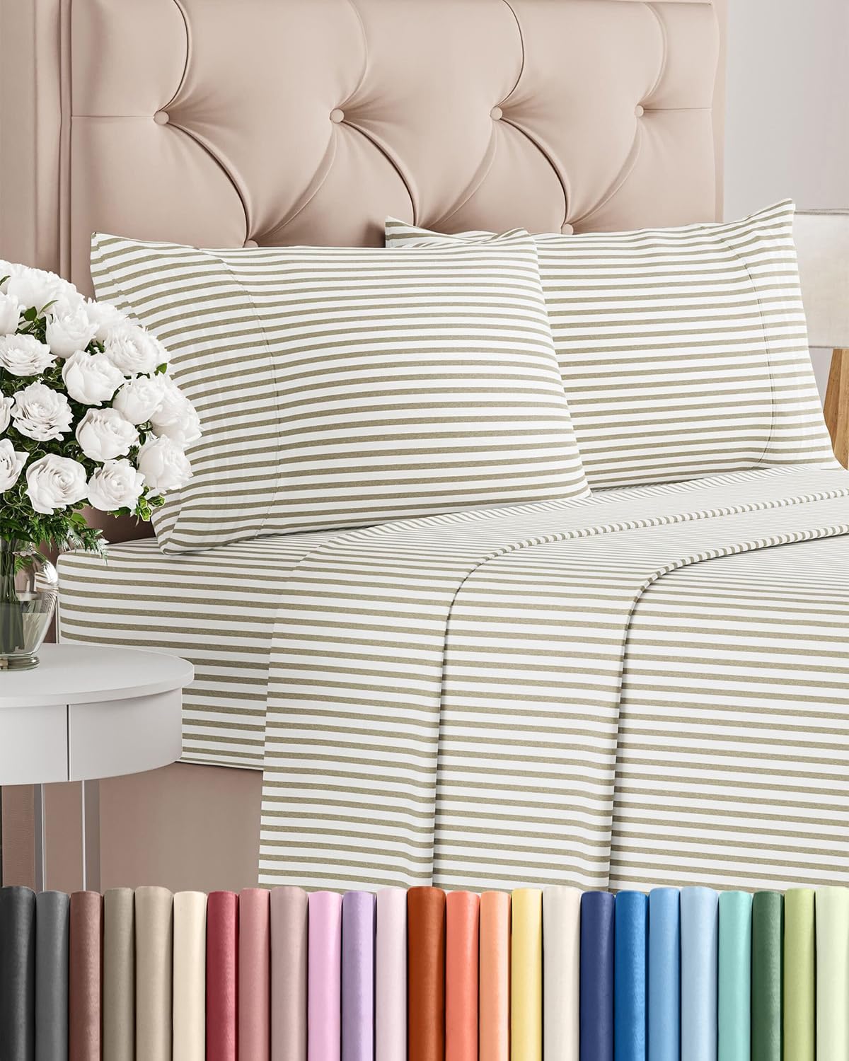 Skiennix Queen Size Sheet Set - Comfy Cooling Bed Sheets | Luxury Hotel Quality - Beige Stripes