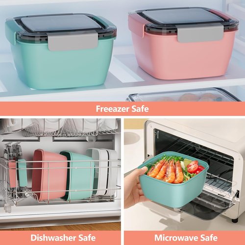 Cherrysea Salad Lunch Box - 2-Pack Bowls with 3 Compartments, Leak-Proof Design | Green & Pink