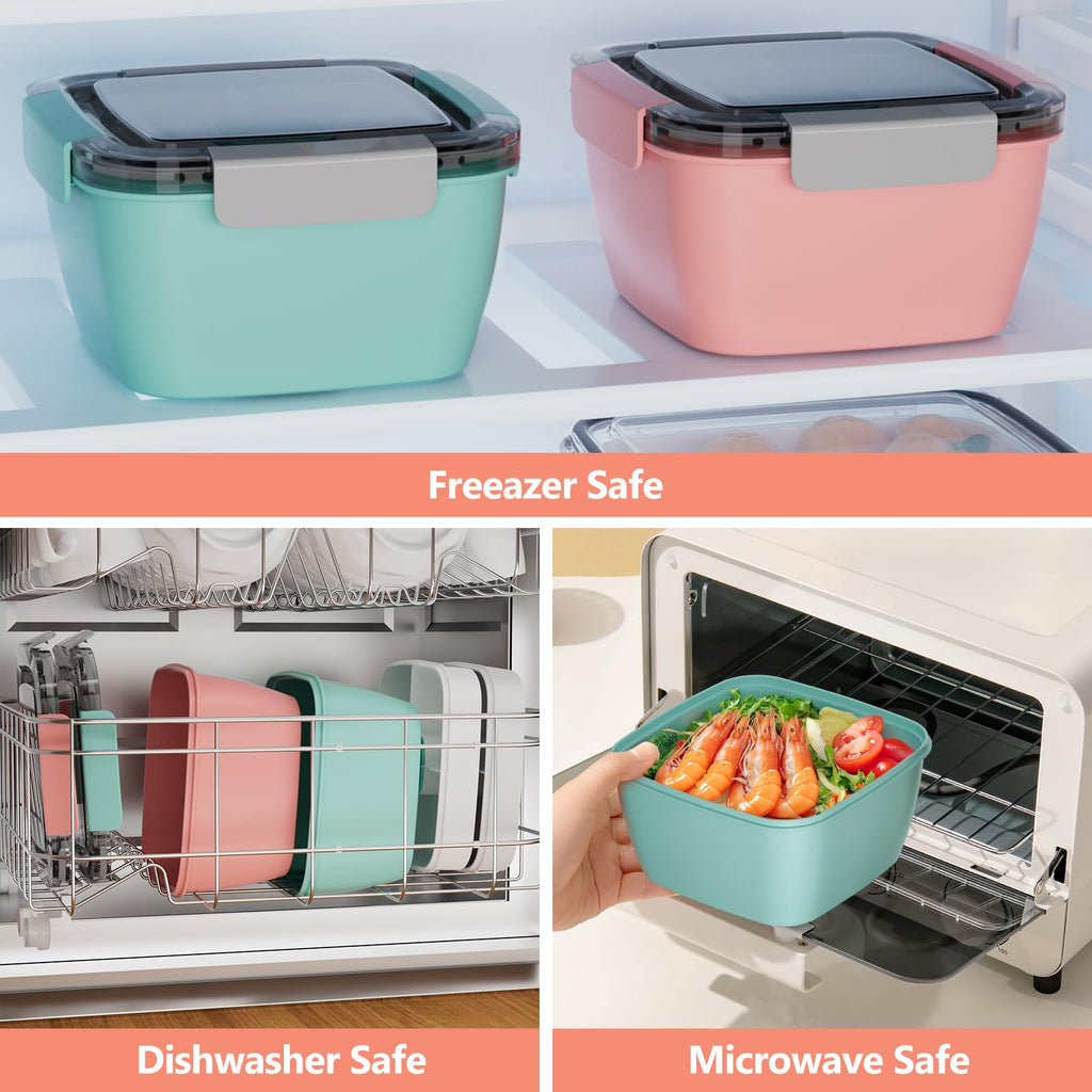 Cherrysea Salad Lunch Container, 68oz Salad Bowls with 4 Compartments Tray,Leak Proof Lunch Box with Fork for Men,Women BPA-Free Snack Container with Sauce Container for Dressings-Grey