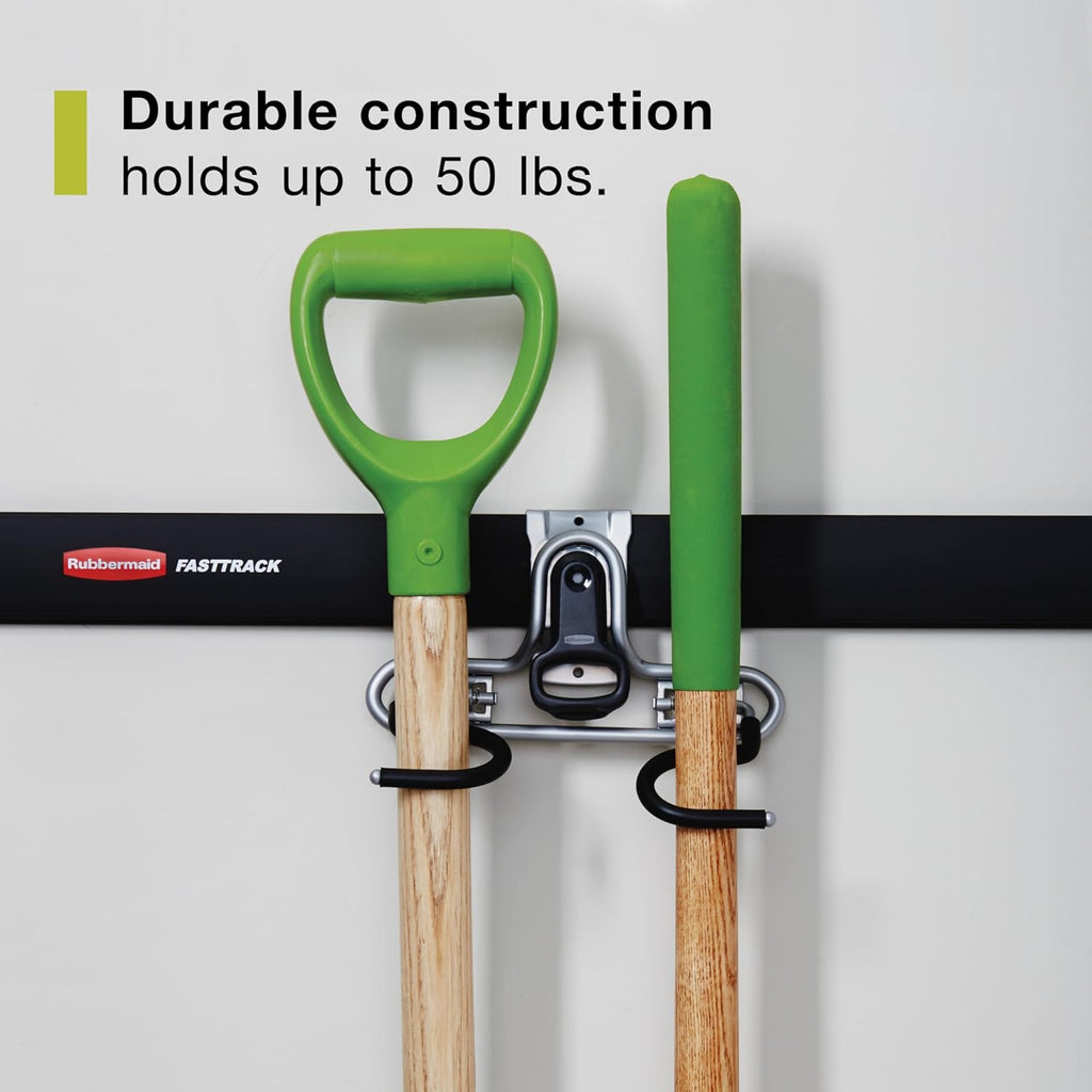 Rubbermaid FastTrack 2-Handle Hook - Space-Saving Garage Storage Solution | Metallic Powder-Coated Steel for Rakes, Brooms, Toys, Ladders