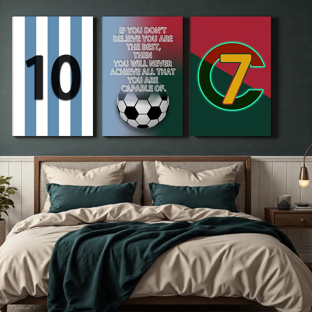 Pormipone Football Wall Art Decor - 3 Pcs Soccer Canvas Paintings for Boys Room | 16x24 in
