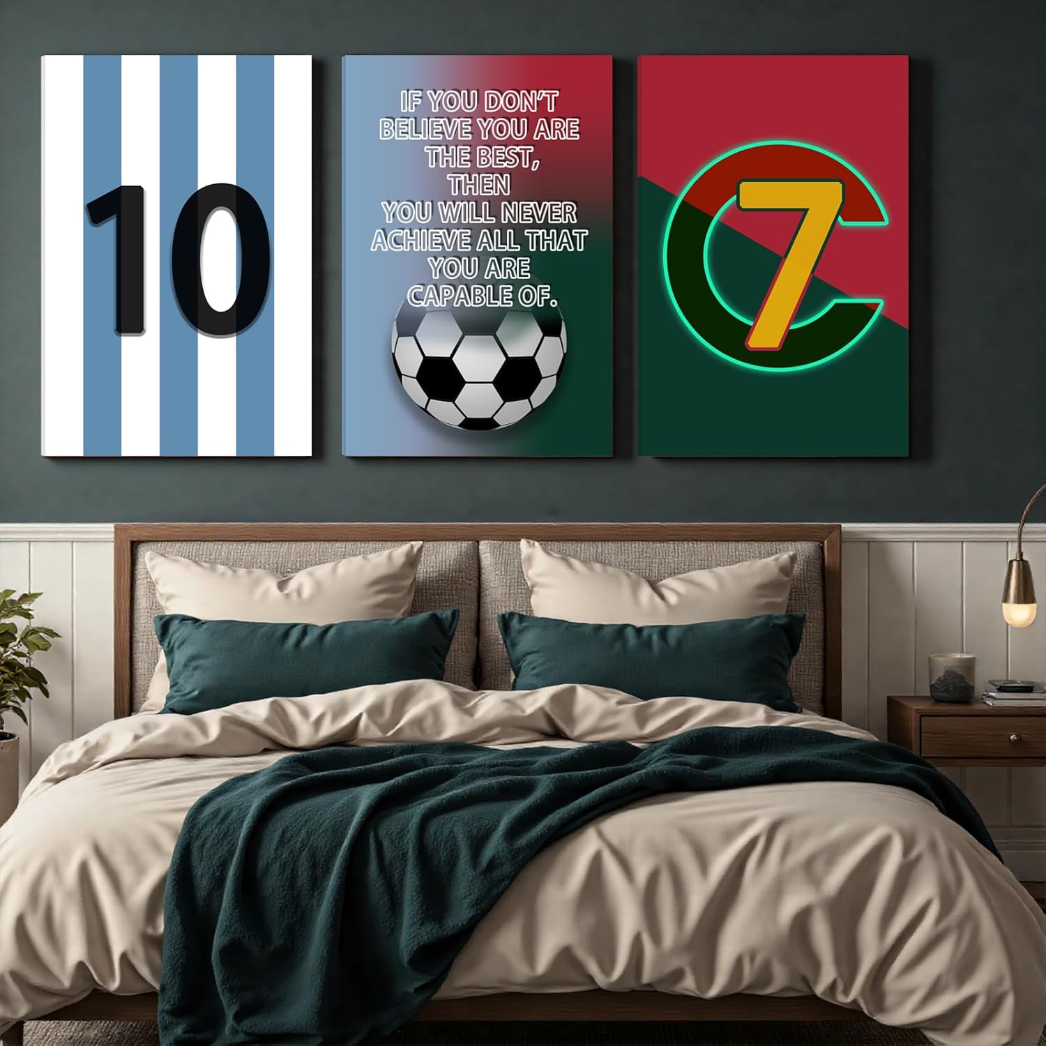 Pormipone Football Wall Art Decor - 3 Pcs Soccer Canvas Paintings for Boys Room | 16x24 in