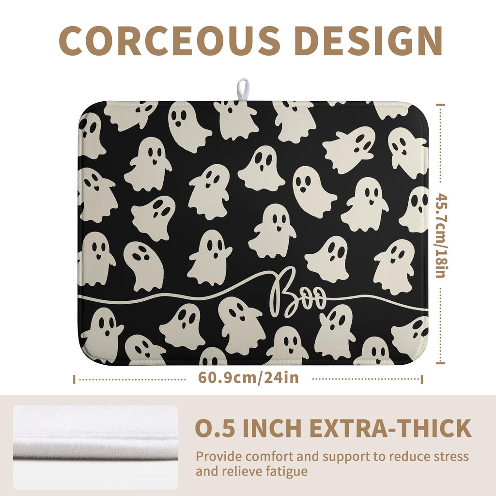 Halloween Ghosts Dish Drying Mat Black and White Large Kitchen Mats Dish Drying Pad Absorbent Dish Dryer Mat for Kitchen Countertops Microfiber Drainer Pad Dish Drying Mats (18x24 in)
