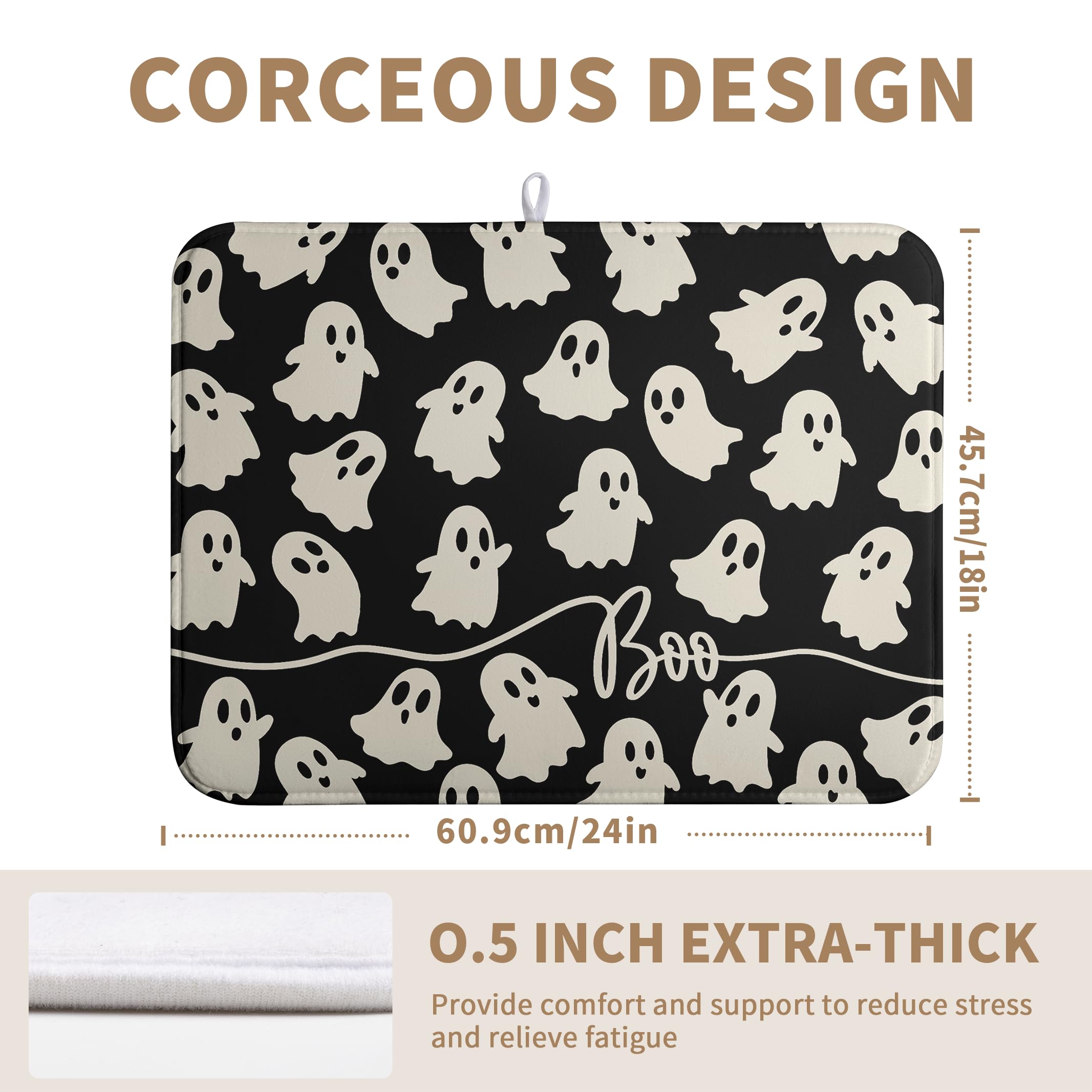 Halloween Ghosts Dish Drying Mat Black and White Large Kitchen Mats Dish Drying Pad Absorbent Dish Dryer Mat for Kitchen Countertops Microfiber Drainer Pad Dish Drying Mats (18x24 in)