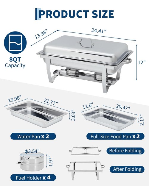 GarveeHome Chafing Dishes for Buffet 2 Pack, 8 Qt Stainless Steel Chafers and Buffet Warmers Sets With Lid, Rectangle Serving Food Warmer Catering Supplies Buffet Display for Parties, Silver