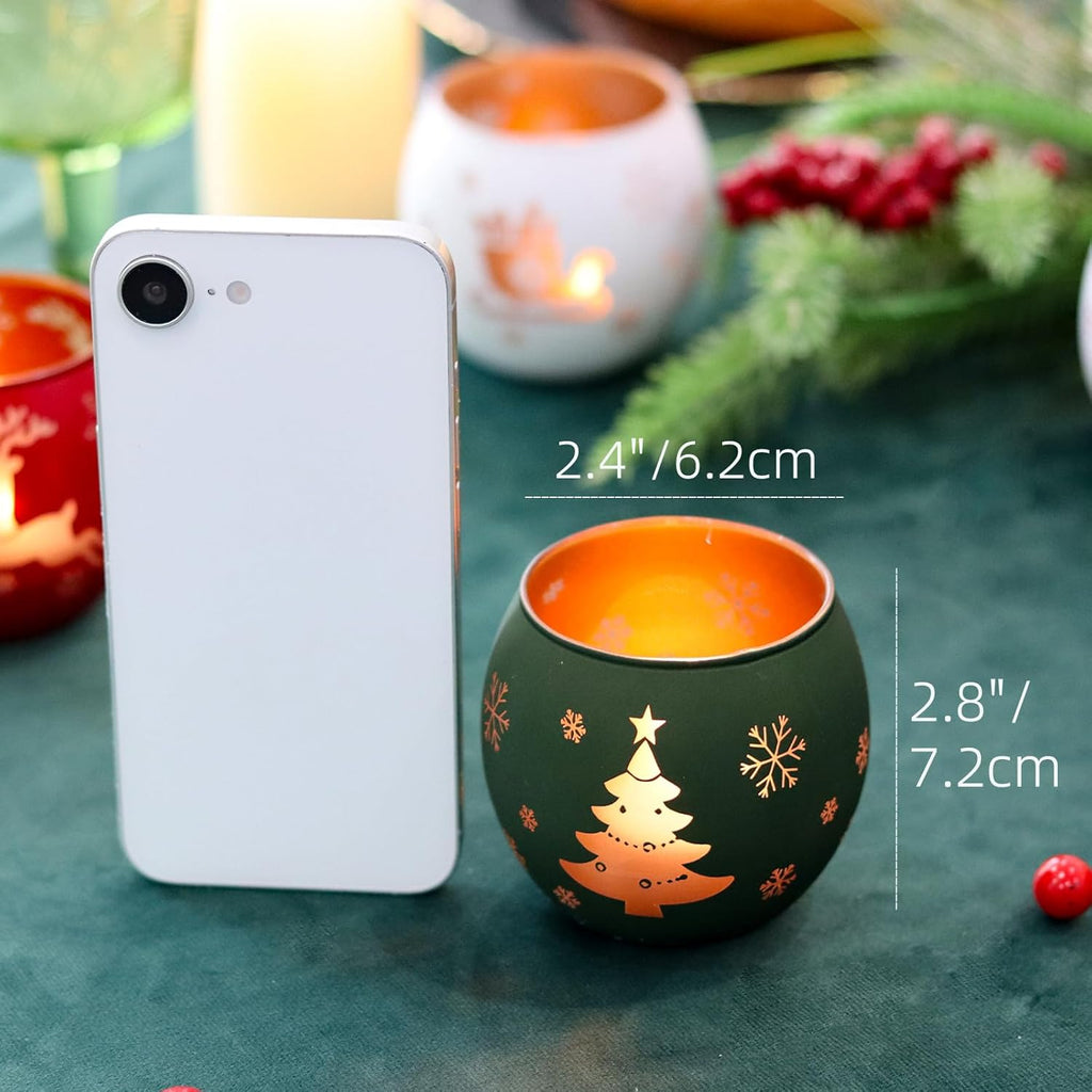 Skiennix Christmas Candle Holders - Set of 4 Frosted Glass Tealight Votive Holders | Winter Holiday Decor (Red, Green, White)
