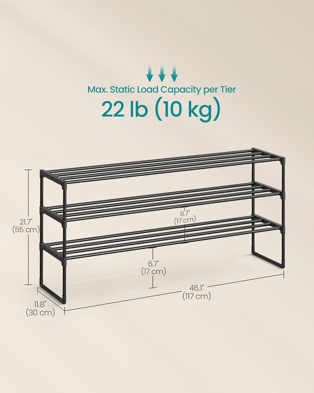 SONGMICS 3-Tier Shoe Rack - Stackable Metal Organizer for 20-24 Pairs - Black, 11.8 x 46.1 x 21.7 Inches