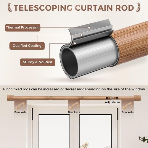 JRZOO Wood Curtain Rods, 1'' Decorative Adjustable Rustic Farmhouse Drapery Rod, Heavy Duty Boho Curtain Pole for Windows 28 to 48 Inch with Imitation Wooden Grain Finials, (Light Wood/Unique Design)