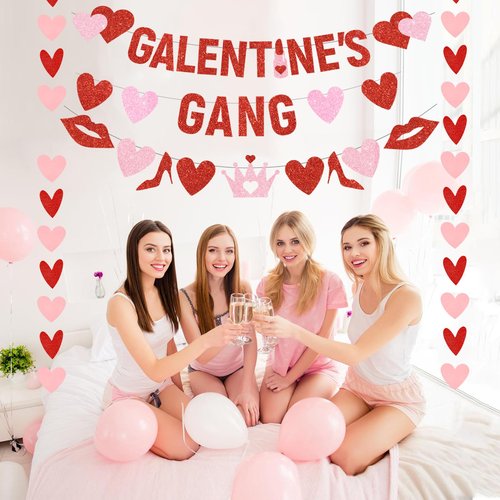 4Pcs Pre-Strung Galentine's Gang Banner, Heart Shaped Banners, Red, 0.2" x 0.2", Indoor, Wall Mount, Standard Banner, Galentine's Day, Home, Room Decorations